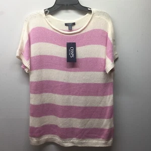 Chaps Women's Sweater White Pink Striped  Pullover Size S Short Sleeve - Picture 1 of 3