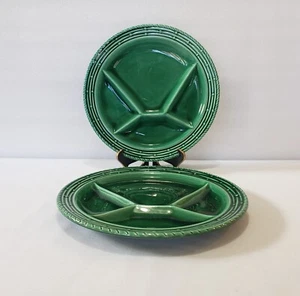 Sarreguemines Plates 9" SGN23 Majolica Green Divided Fondue Vintage Set Of 2 - Picture 1 of 10