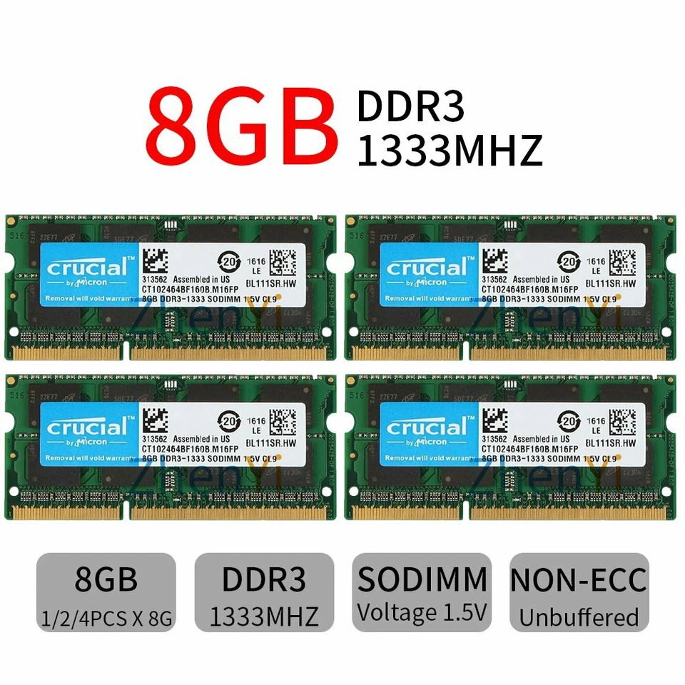 Crucial 32GB 16GB 8GB DDR3 1333MHz PC3-10600S 2Rx8 SODIMM Laptop Memory RAM Lot - Image 1 of 4