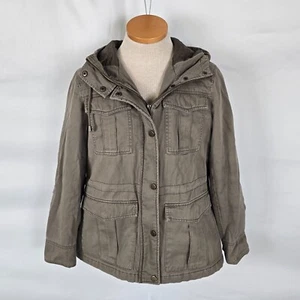 Lucky Brand Jacket Women's L Khaki Brown Zip and Snap Up Canvas Hooded Pockets - Picture 1 of 20