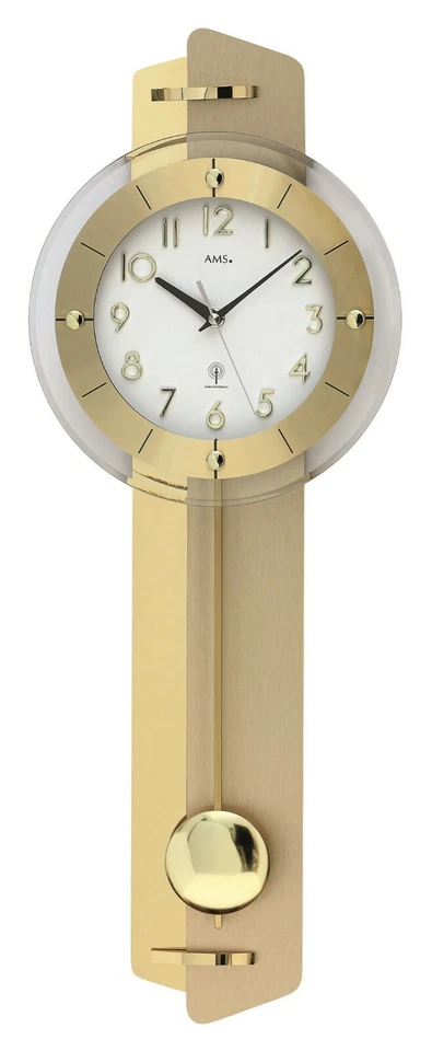 AMS 5267 Wanduhr Funk Funkwanduhr mit Pendel Pendeluhr messing mit Glas - Bild 1 von 1