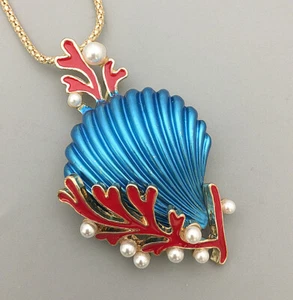 Blue Enamel Faux Pearl Coral Shell Pendant Long Necklace/Brooch - Picture 1 of 3