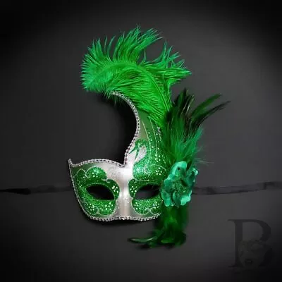 Feather Masquerade Party Masks Green Silver M6131 - Image 1 of 4