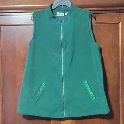 Quacker Factory Plus Size 1X Green Fleece Vest Bling Pocket Trim and Zip Up - Image 1 of 4