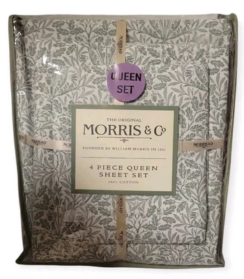 Juego de sábanas WILLIAM MORRIS & Co Queen hojas verdes blancas bellotas 4 piezas nuevo en paquete Foto 1 de 4