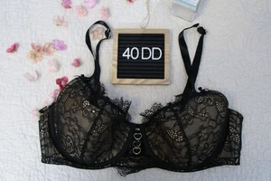 Cacique 40DD Lightly Lined French Balconette Bra Black and Beige Lace - Picture 1 of 10