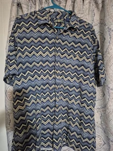 Herren Zick Zack Blau Biege Hawaii Kurzarm Knopfleiste Hemd XL - Bild 1 von 3