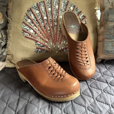 MIA ABBA Cuero Madera Zuecos Talla 6.5 EU 37 BRONCEADO Plataforma Zapatos Suecia Mules Y2K Foto 1 de 4