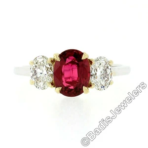 New 18k Gold GIA FINE Vivid Red Oval Ruby & Diamond Three Stone Engagement Ring - Picture 1 of 11