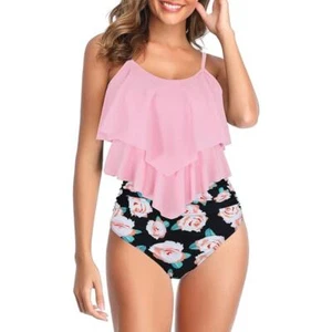 Tankini High Waisted Tummy Control Ruffled Top, Two Piece, Pink-Rose Print 12-14 - Picture 1 of 9