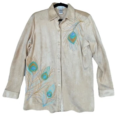 Chaqueta de gamuza Drapers & Damons para mujer talla mediana bronceada bordada pavo real boho Foto 1 de 4