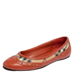 Burberry Orange Brogue Leather And Haymarket Check Canvas Tudor Ballet Flats - Picture 1 of 8