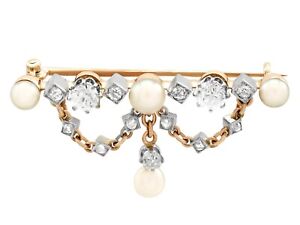 Antique Victorian 0.96 Ct Diamond and Pearl 18k Yellow Gold Brooch Circa 1880