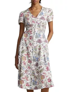 Polo Ralph Lauren Nea Womens V-Neck Linen Midi Summer Dress White Floral Size 10 - Picture 1 of 4