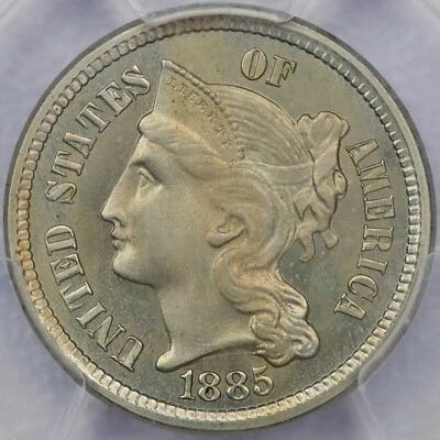 Tres centavos de níquel 1885 - graduación profesional PR 66+ Foto 1 de 4