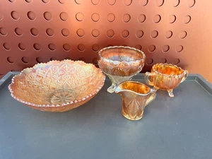 Antique Carnival Glass Dishes JUG BOWLS BUNDLE JOBLOT ORANGE GLASSES - Picture 1 of 15