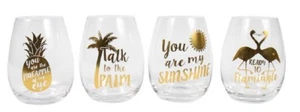 Set of 4 Tropical Gold Foiled Stemless Wine Glasses - Flamingo, Palm, Pineapple - Picture 1 of 1