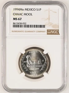 MEXICO 1 Peso 1994 1/1 Oz Silver NGC MS67 Pre-Columbian Era Mayan Chaac Mool - Picture 1 of 2