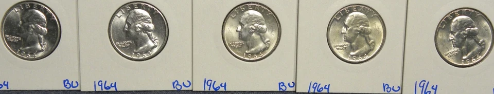 1964-P WASHINGTON SILVER QUARTERS 90% SILVER LOT OF 5-90% SILVER BU COINS - Image 1 of 4