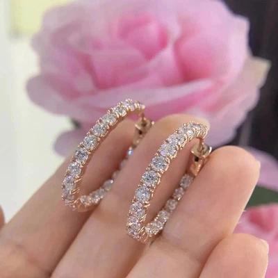 Women's 2 CT Round Cut Lab Created Diamond Hoop Earrings 14K Rose Gold Over - Image 1 of 4
