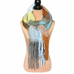 NEW Large Chunky Scarf Wool Mohair Multi Plaid Thick Fuzzy Long Fringe Winter - Picture 1 of 11