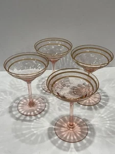 VTG Pink Champagne Glasses Coupe W Gold & Fine Etched Lattice 1930s Hard To Find - Picture 1 of 10