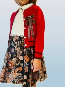 Girls Holiday Xmas Red Dress with Cardigan Paisley Printed Skirt White Bodice - Picture 1 of 24