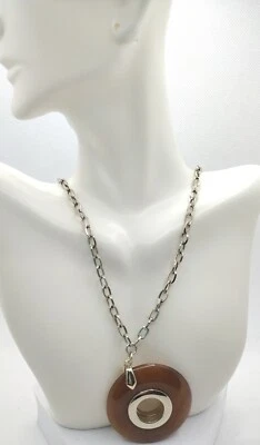 Banana Republic BR Signed Resin Brown Round Pendant ChainLink Necklace Jewelry - Image 1 of 4