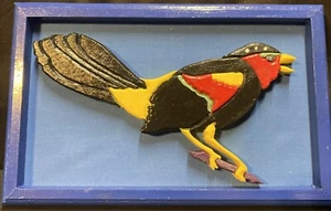 Wooden Bird Picture 3D Handmade 11x7 In Blue Frame - Picture 1 of 6
