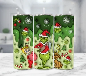 Grinch Christmas Green Stainless Steel Tumbler With Straw - 20 Oz- Puffy Image - Picture 1 of 3
