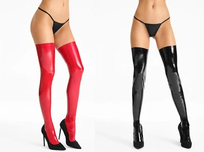 7HEAVEN LACK STRÜMPFE ROT SCHWARZ stockings wetlook overknees gogo clubwear - Bild 1 von 4