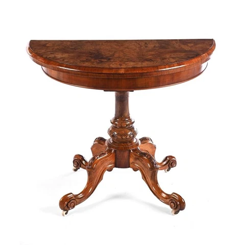Victorian Walnut Burr Demi Lune Fold Over card table 1890 Cover