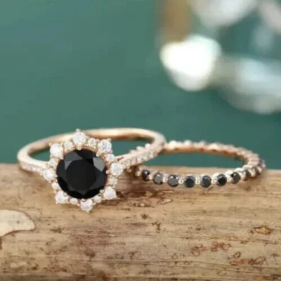 Свадебный свадебный комплект 3,50 карата создан черный оникс женское кольцо 14K желтое золото отделка - Изображение 1 из 4