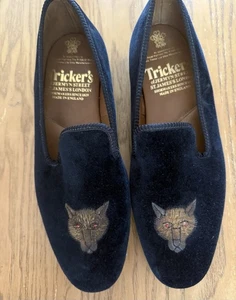 Tricker’s of Jermyn St. St. James LONDON Black Velvet Fox Slippers 8.5 Handmade - Picture 1 of 5