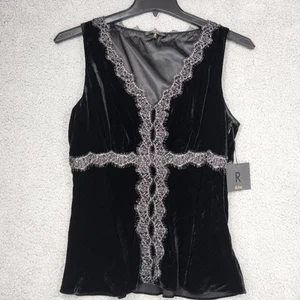 REBA Womens Top Size 10 Black Embellished Fringe Sleeveless Velvet V-Neck - Picture 1 of 5