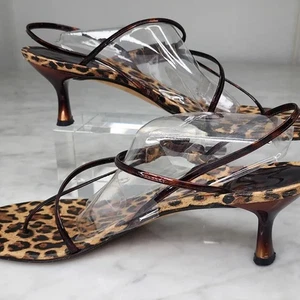 Stuart Weitzman Kitten Heel Sandals Strappy Thong Animal Print Brown Slingback 9 - Picture 1 of 13