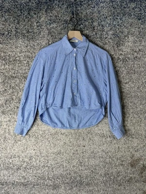 Camisa Sandro Mujer Pequeña Azul Rayas Lentejuelas Adornada Alto Bajo Botón Blusa Foto 1 de 4