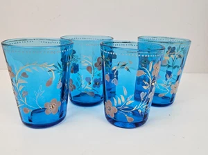 Set of 4 Blue Cobalt Glass Hand Painted Tumbler Cups Dots Floral Gold Trim - Picture 1 of 8