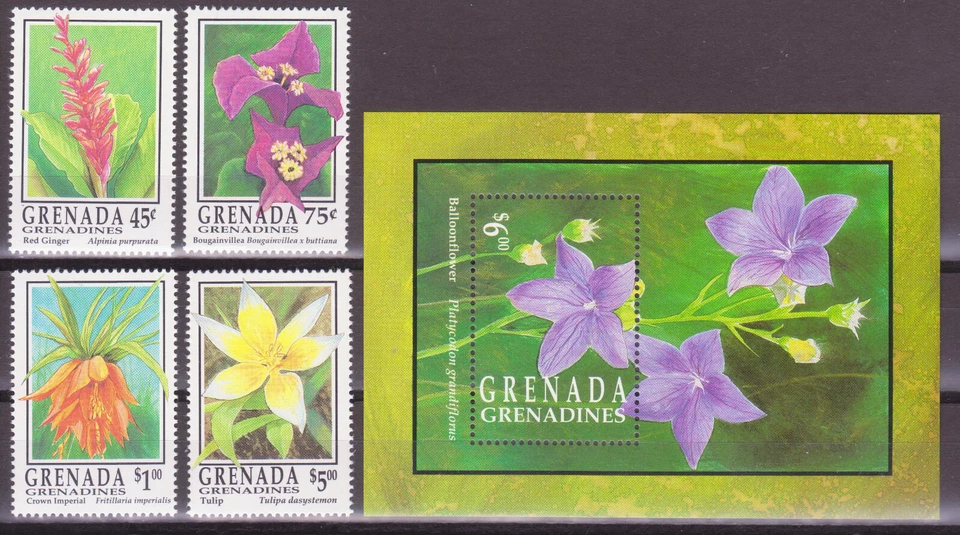 GRENADA GRENADINAS 1993 FLORES 4 VALORES + HOJITA BLOQUE NUEVOS MNH - Imagen 1 de 1