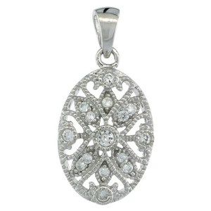 Pendente In Argento Sterling Ovale Con Fiori E Pietre In Zirconia Cubica - Foto 1 di 1