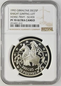 1992 Gibraltar 35 ECU 25 Pounds Silver Proof NGC PF70 Ultra Cameo - Horse Privy - Picture 1 of 4
