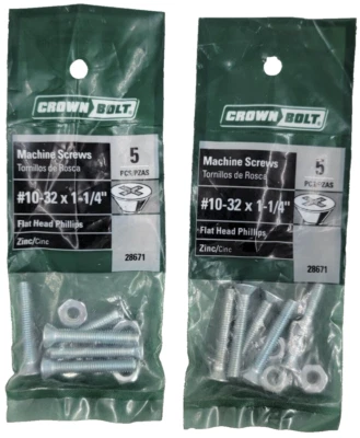 Tornillos de máquina de cabeza plana con tuercas Crown Bolt #10-32 X 1 1/4" paquete de 5 lote de 2 Foto 1 de 3