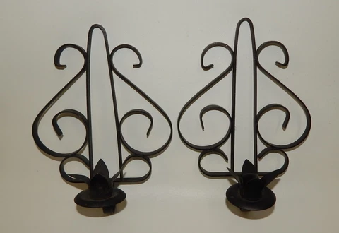 Pair Small Gothic Wrought Iron Scroll Spanish Revival Wall Sconces Candleholders Cover