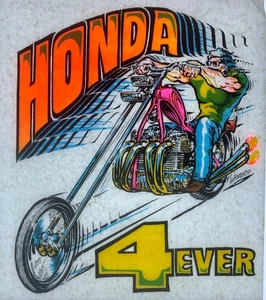 Vintage 70er Bügelbild T-Shirt Transfer Honda 4 Ever Chopper Motorrad NEON Farben - Bild 1 von 1