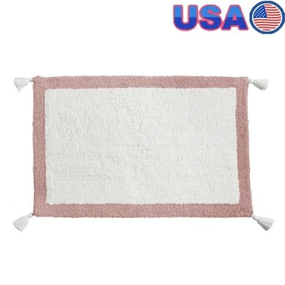 Cotton Bath Rug W/ Pink Border & Tassels Non-Slip Bathroom Floor Mat 20x30 New Foto 1 de 4