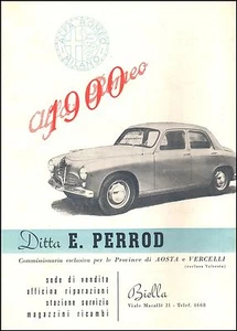 PUBBLICITA'1951 ALFA ROMEO 1900 AUTO LUSSO CONCESSIONARIO BIELLA AOSTA E. PERROD - Foto 1 di 1