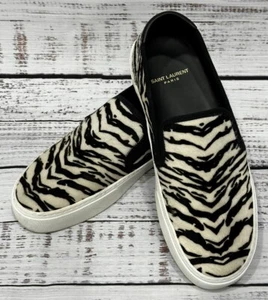 RARE Saint Laurent Black & White Zebra Print Fur Canvas Shoes Sneakers 590196 40 - Picture 1 of 16