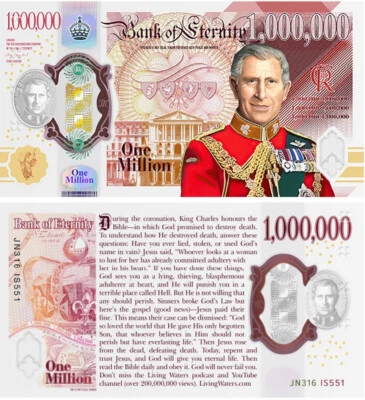 100-pack: England KING CHARLES Million Pound Bill Play Funny Money Gospel Tracts
