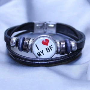 Synthetic Leather Bracelet Stainless Steel I Heart My BF Vegan - Picture 1 of 7