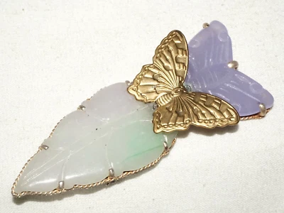 Vintage Chinese Fashion Lavender Jade Butterfly & Leaf Brooch Pendant (LeP) - Image 1 of 4